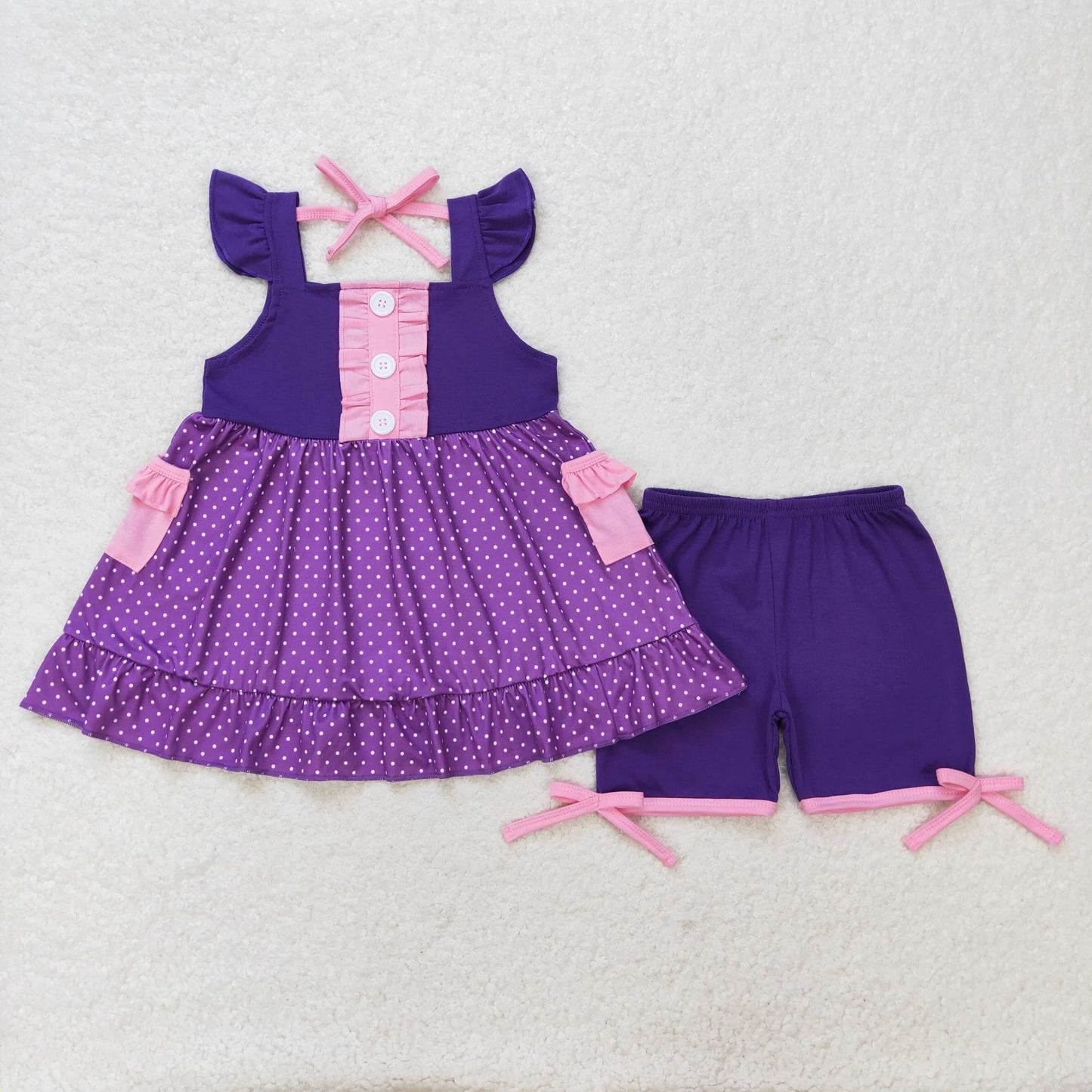GSSO0965 purple dot pink pocket ruffle sleeveless top shorts Girls boutique summer outfit 202501