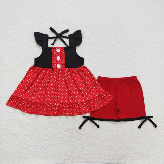 GSSO0969 Red lace polka dots black flying sleeve shorts set high quality baby girls clothes sets newborn clothing