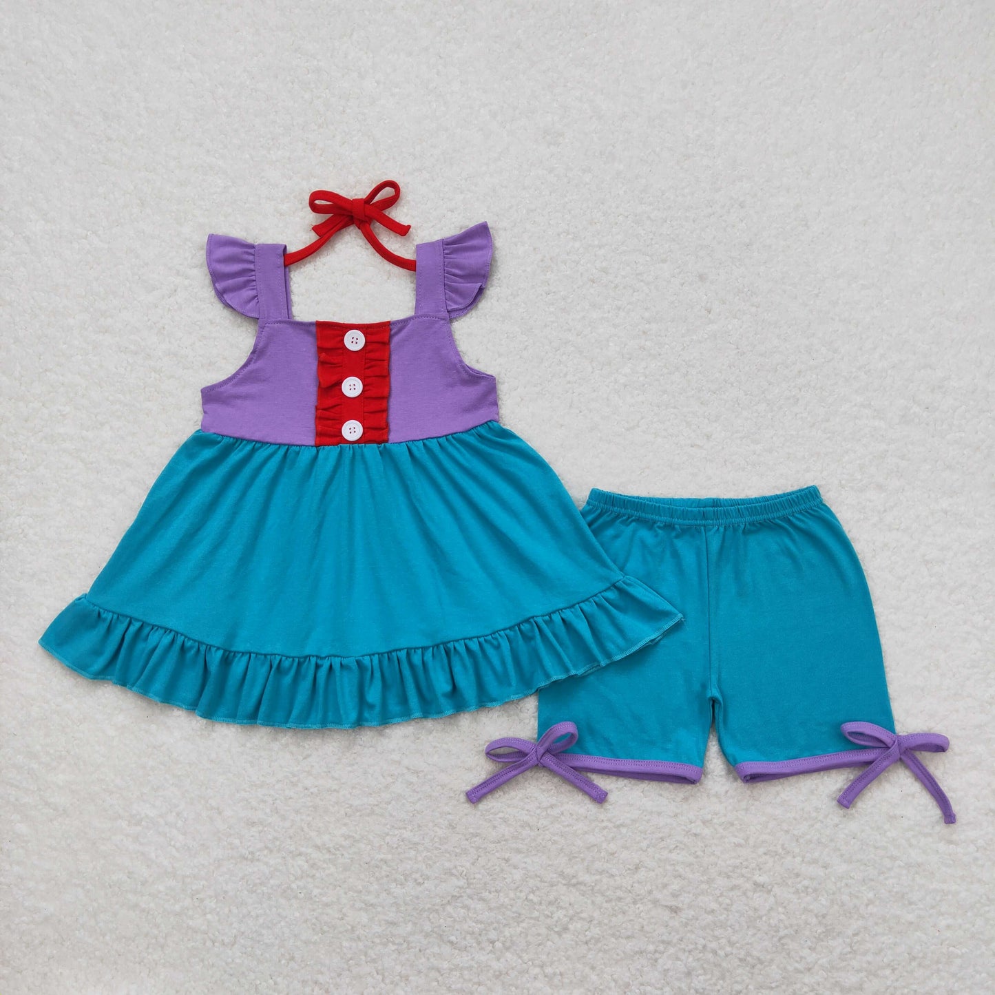GSSO0970 Red Ruffle Purple Green flying sleeve shorts girls boutique outfit 202404 RTS