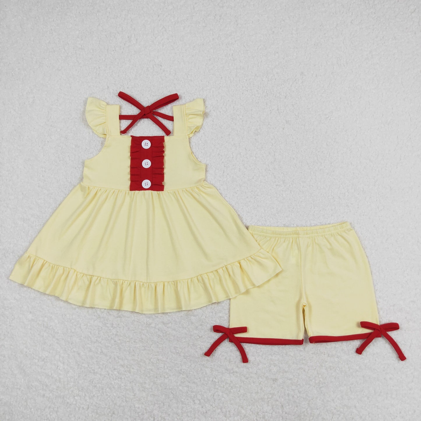 GSSO0971 Red lace light yellow flying sleeve shorts set high quality girls clothing sets for 14 years old