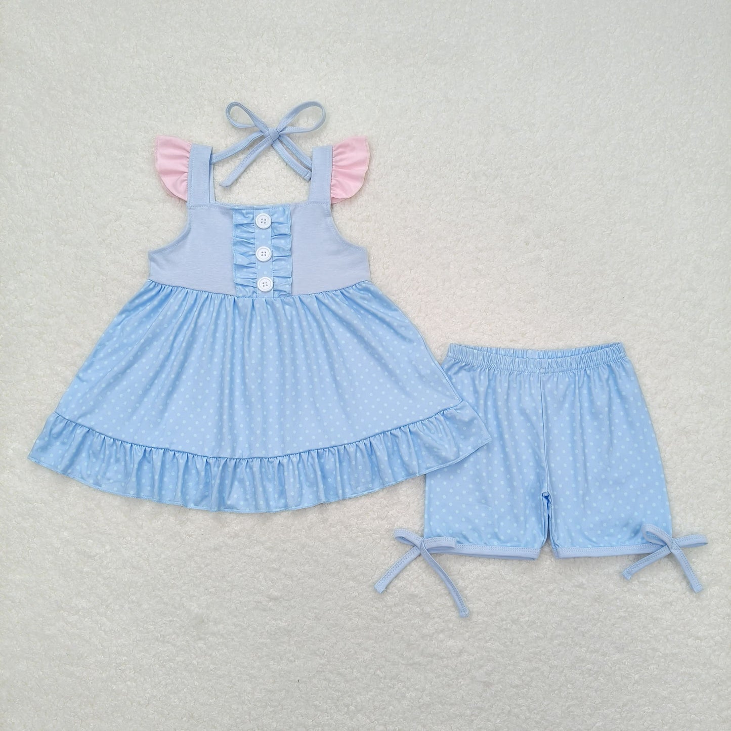 GSSO0973 Blue Dots Ruffle Pink flying sleeve top shorts Sets girls boutique outfit 202404 RTS