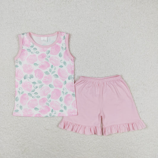 GSSO0975 Flowers and leaves pink sleeveless shorts set High quality set clothing girls