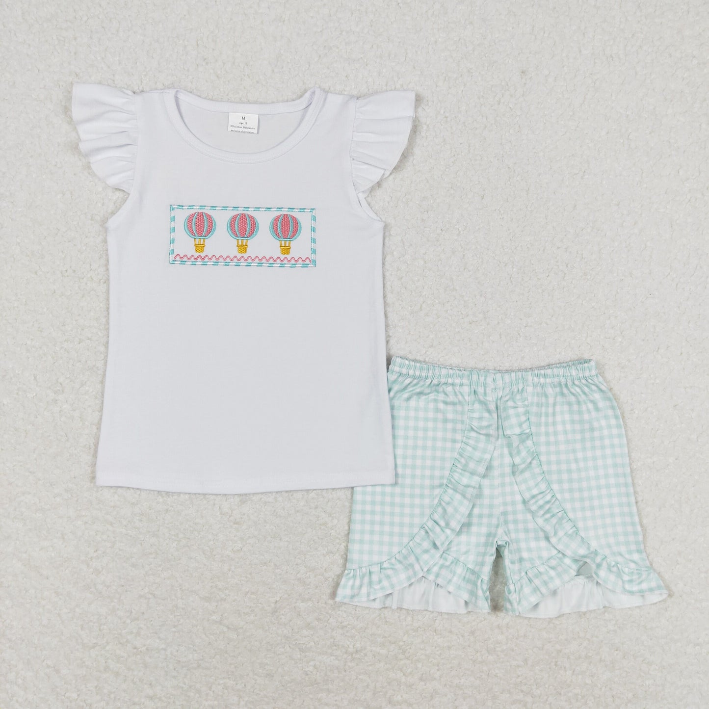 GSSO0981 Embroidered hot air balloon white flying sleeve plaid shorts set high quality girls clothing sets