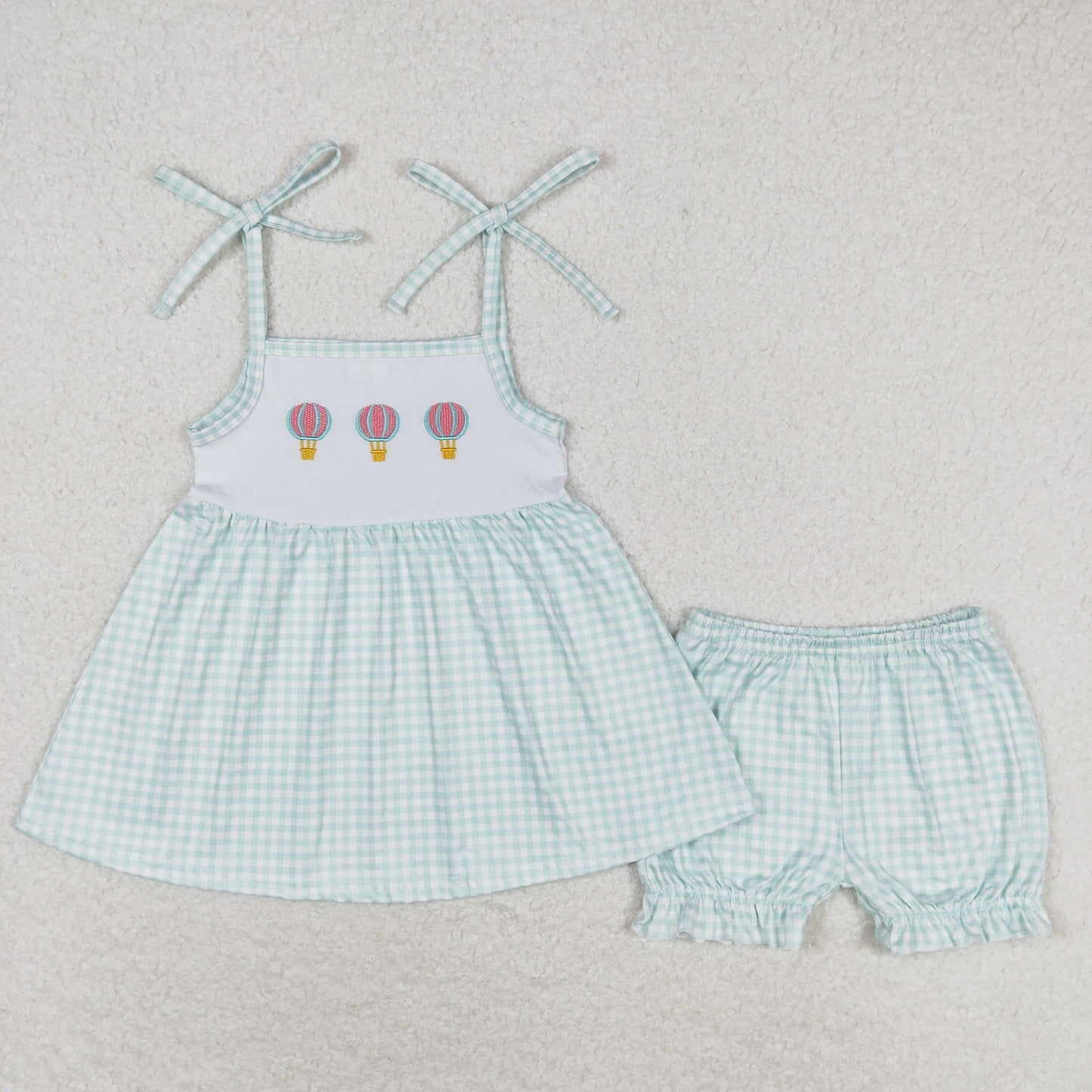 GSSO0982 Embroidered hot air balloon checkered halter shorts set high quality teenager girls clothing sets