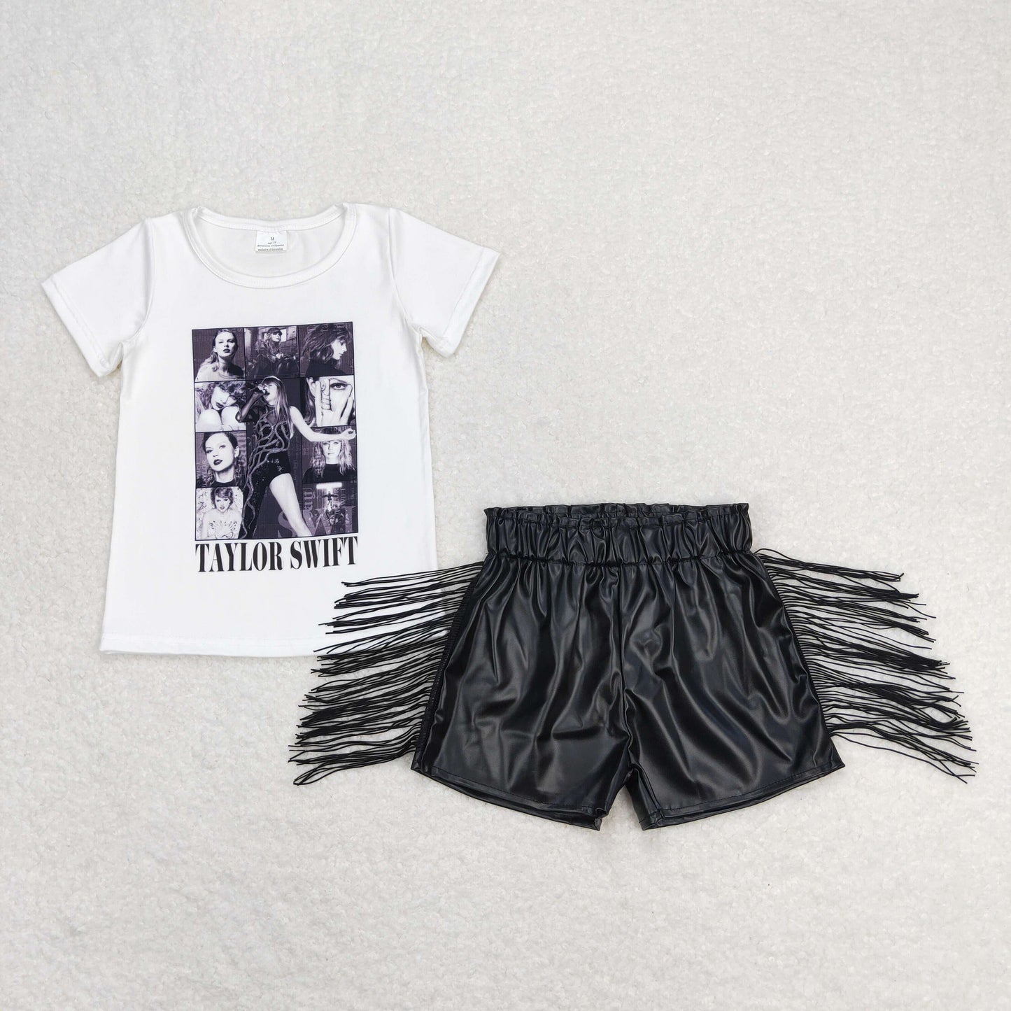GSSO0983 Taylor Swift White Short-Sleeved Black Leather Shorts with Tassels Girls Sets RTS 202508
