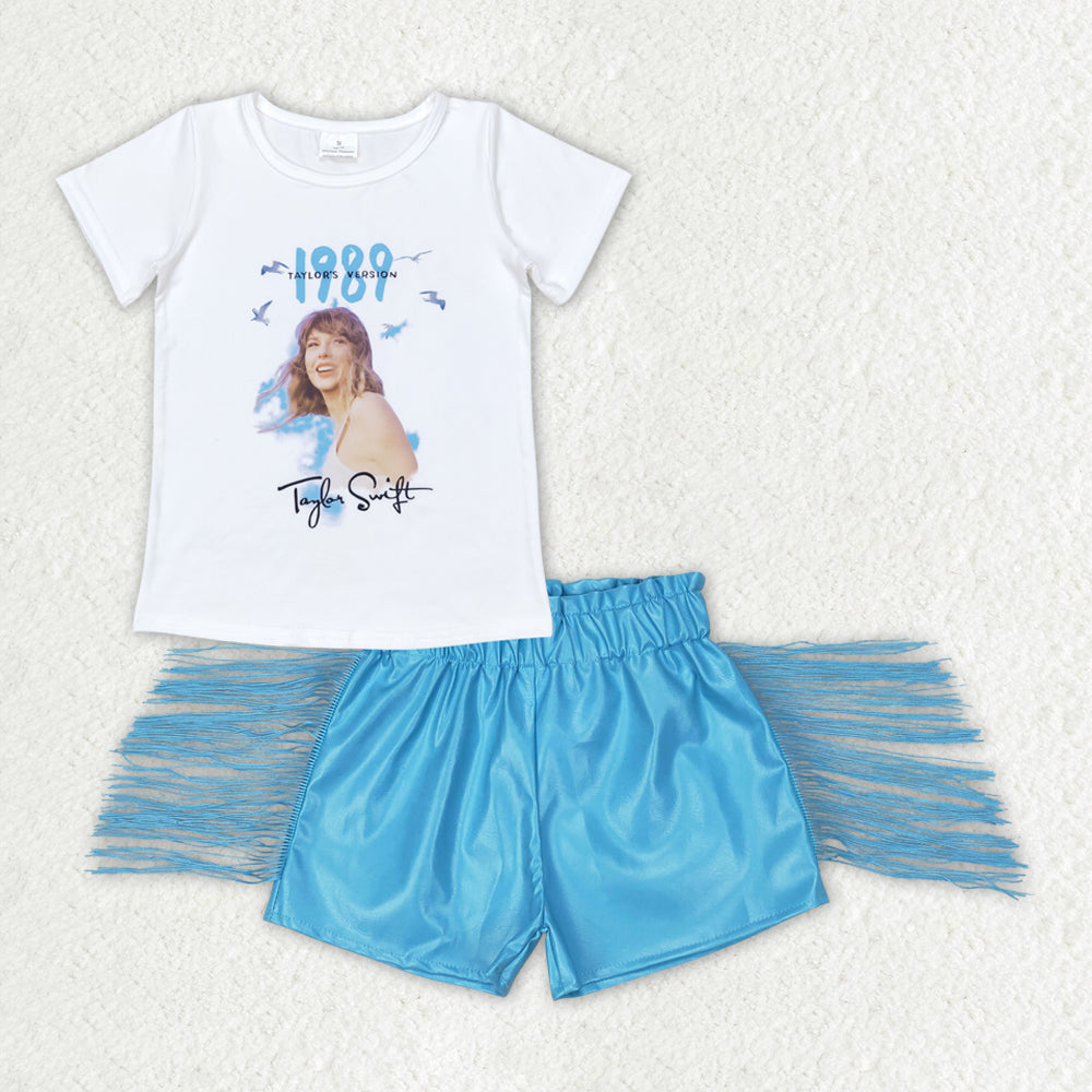 GSSO0984 1989 taylor swift white short-sleeved blue glossy leather fringe shorts suit