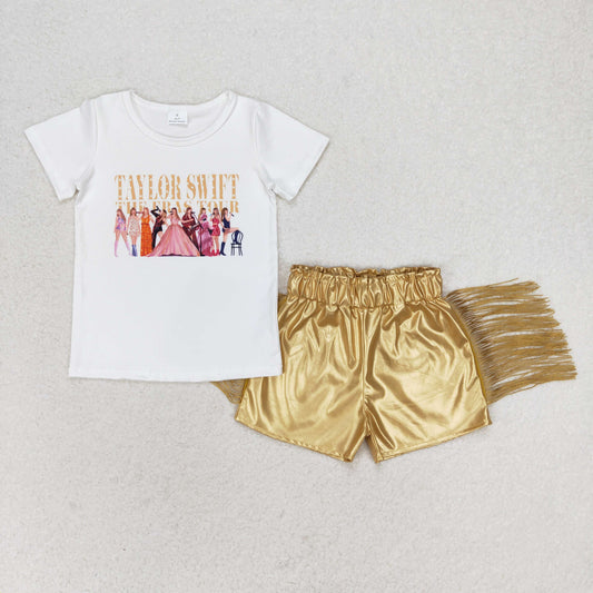 GSSO0985 taylor swift white short-sleeved gold glossy leather fringe shorts suit