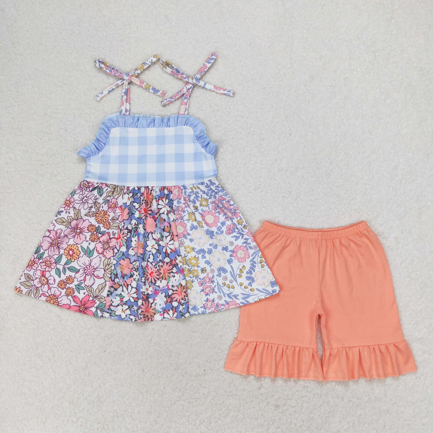 GSSO0990 Floral plaid lace suspenders Orange shorts set high quality girls clothing sets 3-4 years
