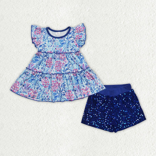 GSSO0994 2pcs Flower Blue Flying Sleeve Sequined Shorts Girls Outfits RTS 202508