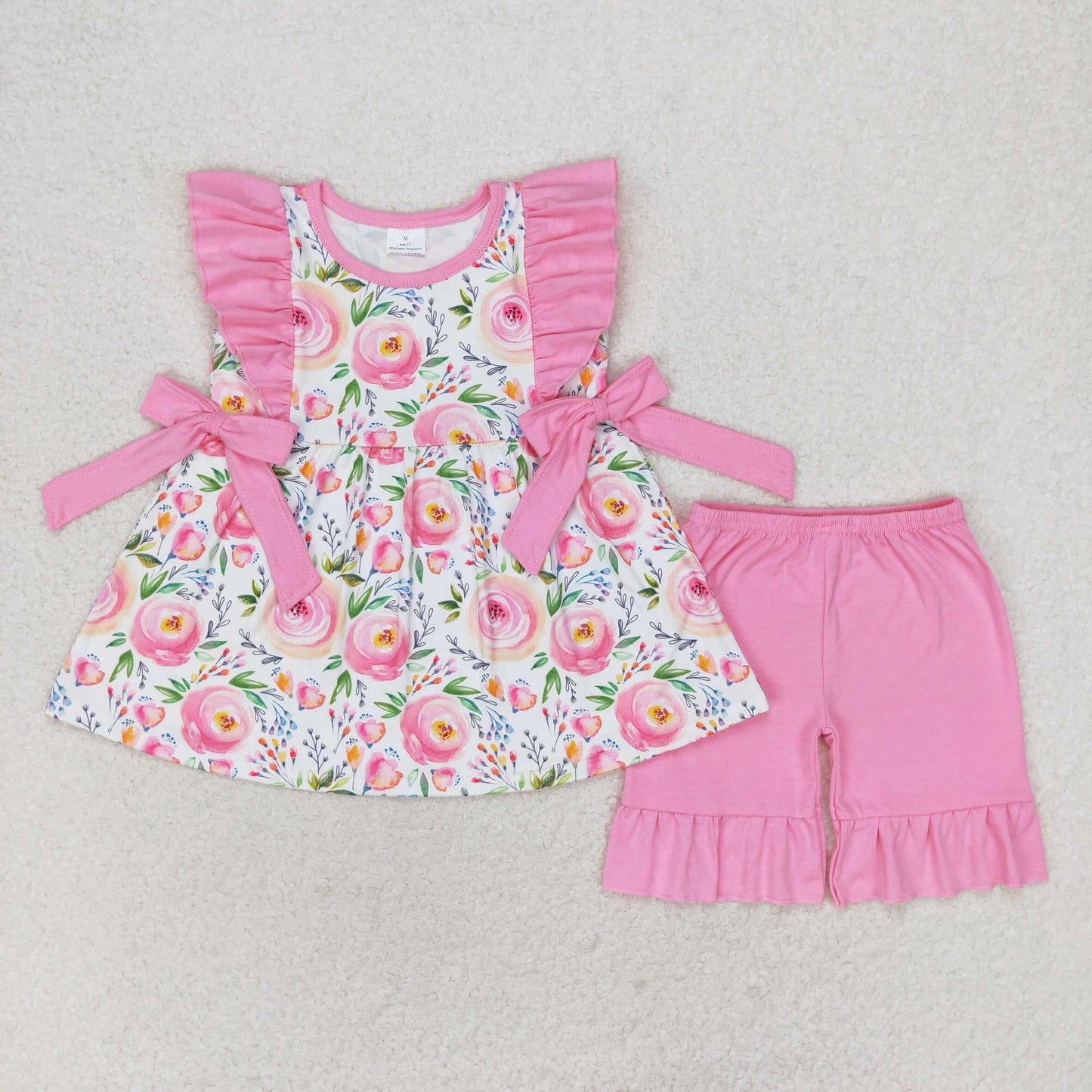 GSSO1003 Floral pink lace bow sleeveless shorts set girls clothing sets 6-7 years