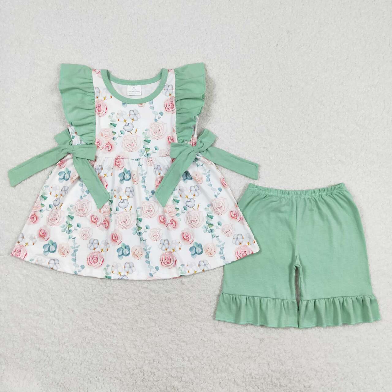 GSSO1004 Floral green lace bow sleeveless shorts set girls clothes 3-4 years toddler girls clothing set