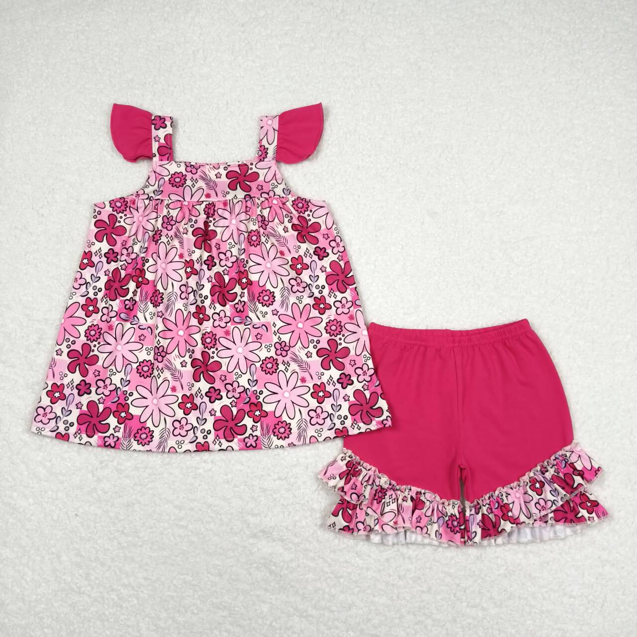 GSSO1005 Floral rose red flying sleeve ruffle shorts girls clothing sets 202404 RTS