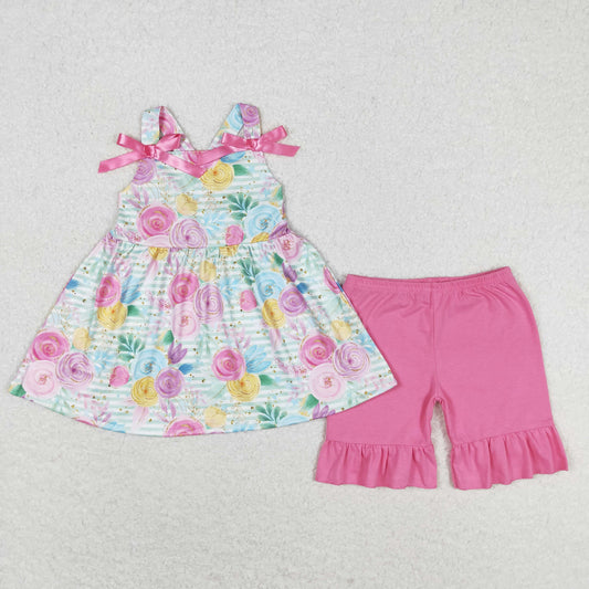 GSSO1007 Colorful flowers striped pink bow sleeveless shorts set high quality wholesale girls clothing sets summer