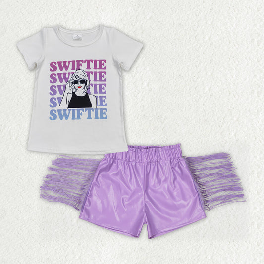 GSSO1029 swiftie letter white short sleeve purple glossy leather fringe shorts set