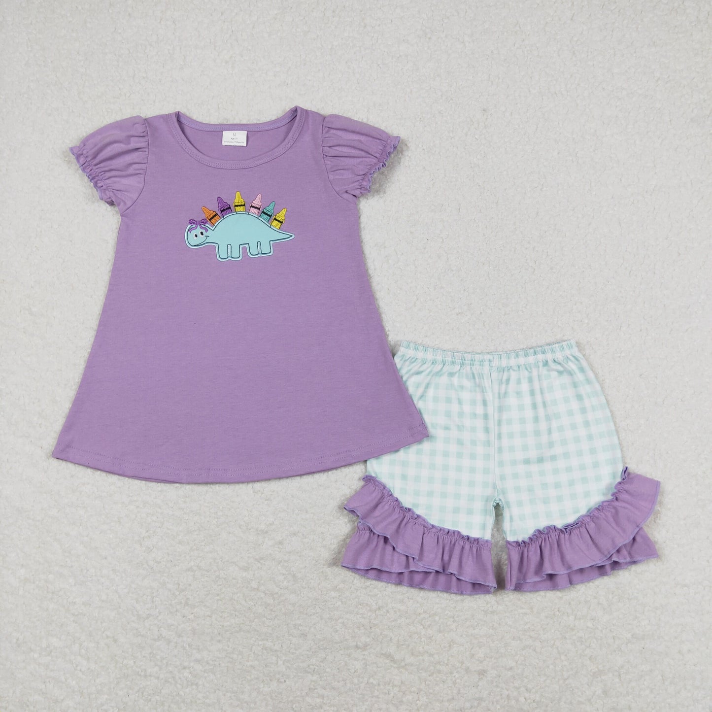 GSSO1032 Embroidery color crayon Dinosaur purple short sleeve green plaid shorts set high quality wholesale toddler girls