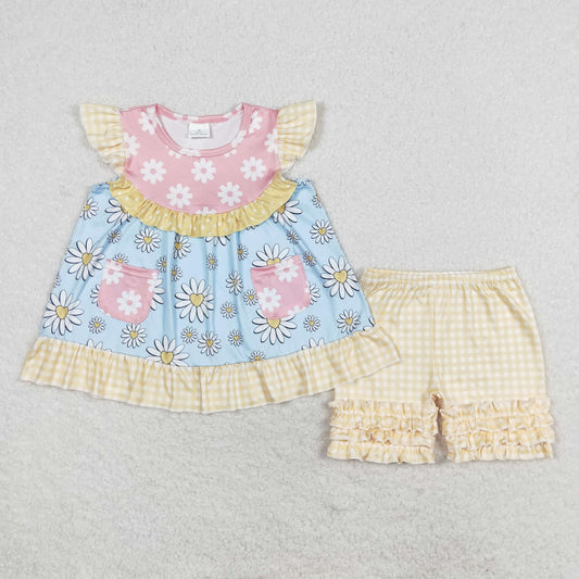 GSSO1036 Flower pink Blue flying sleeve yellow plaid shorts set High quality colourful girls clothing sets