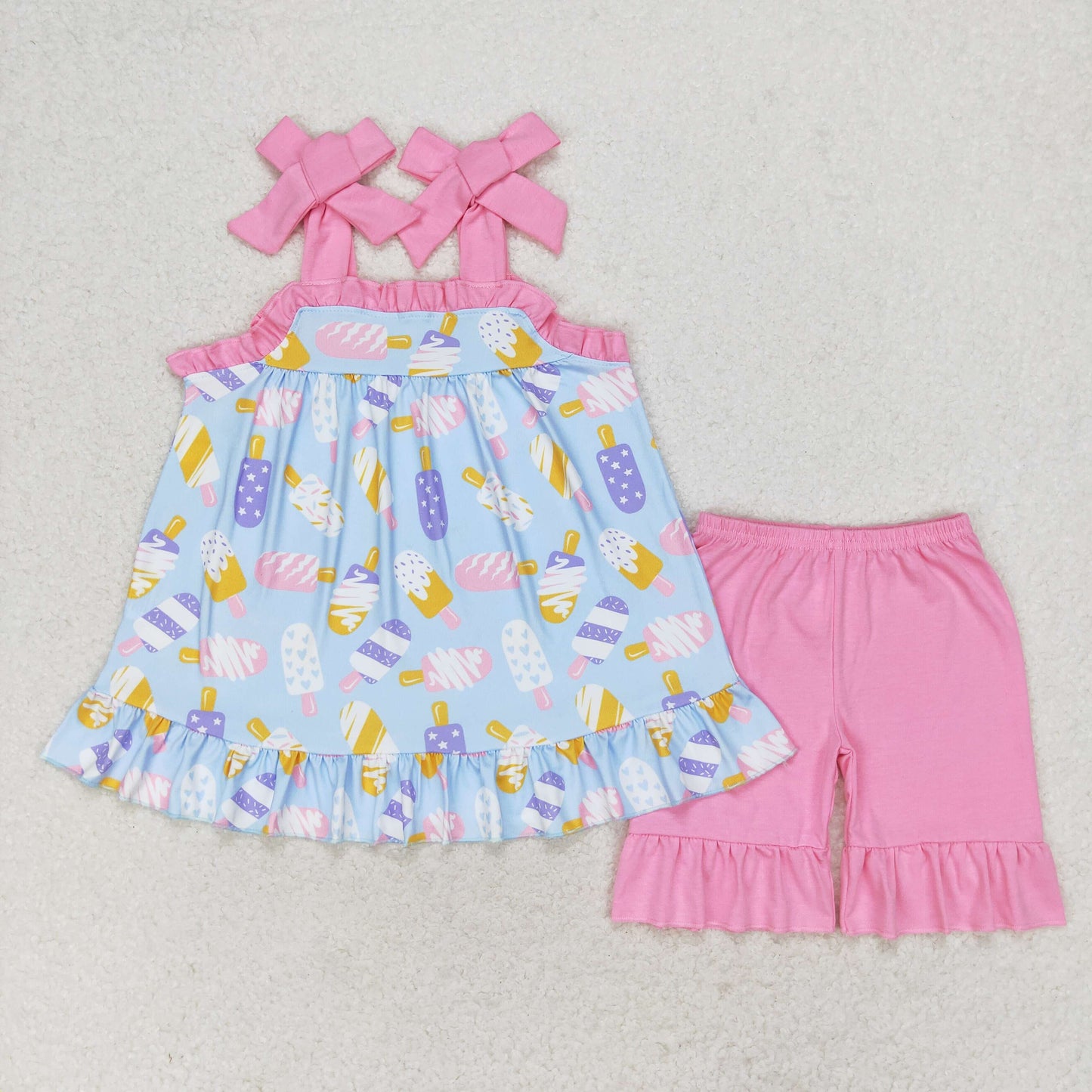 GSSO1037 Ice cream blue strap Pink shorts set High quality kids girl clothing sets 1 year party dresses