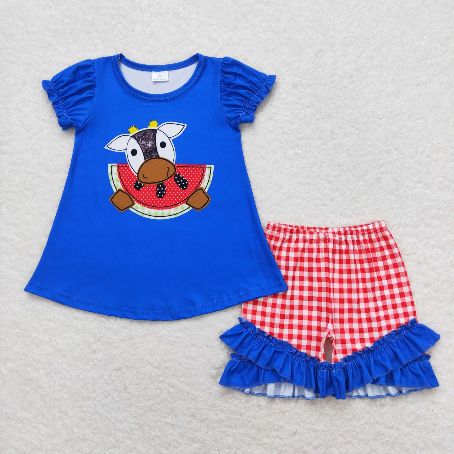 GSSO1048 cow watermelon blue short sleeve red plaid ruffle set girls boutique outfits 202404 RTS