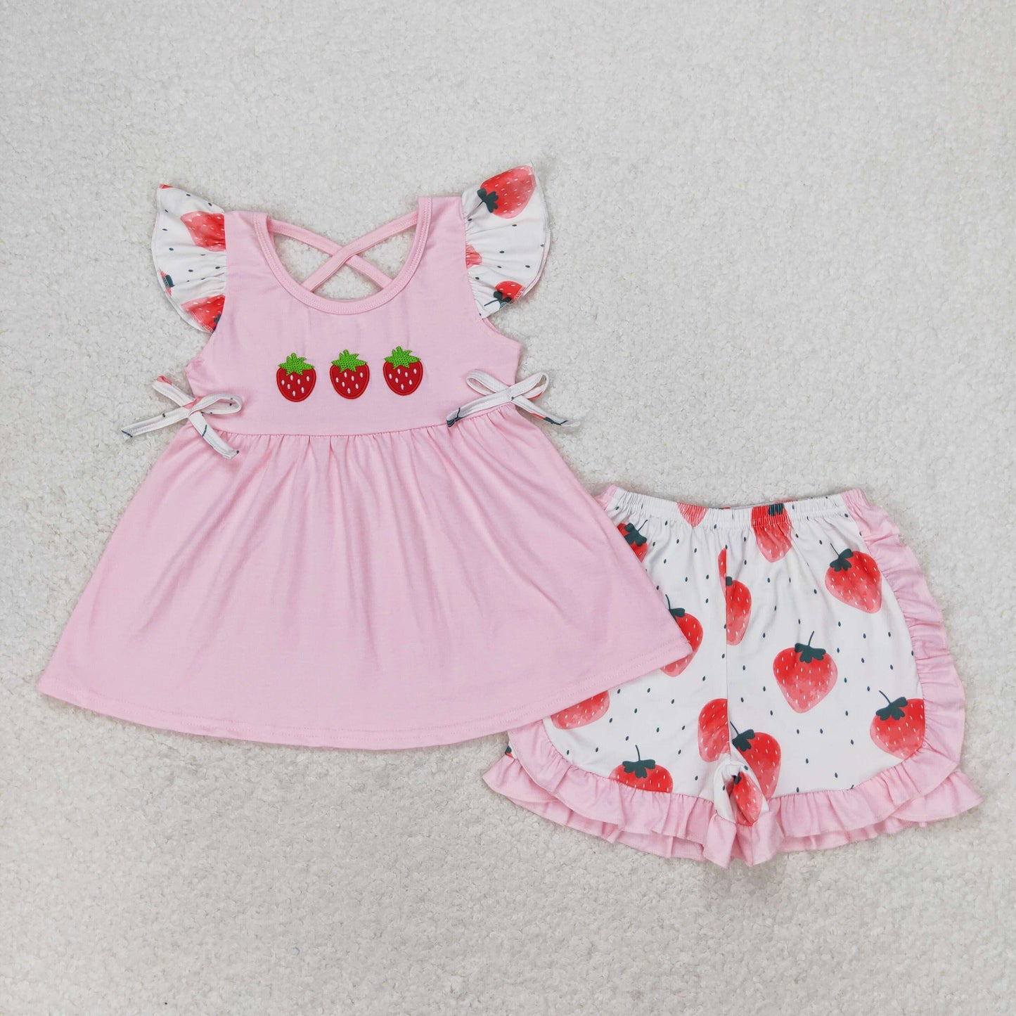 GSSO1054 Embroidered strawberry pink flying sleeve shorts set high quality kids clothing girls 13 years old sets