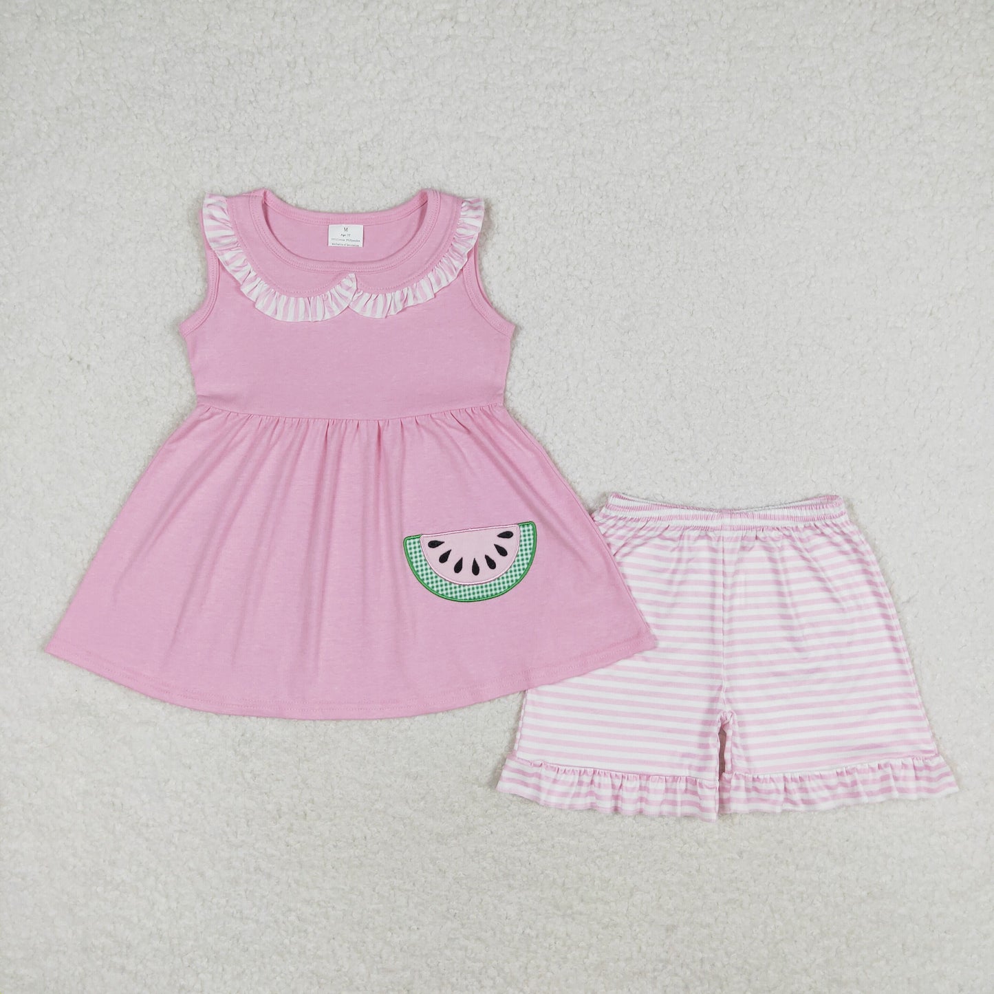 GSSO1055 Embroidered watermelon striped lace doll collar pink sleeveless shorts set high quality wholesale baby girls clothing