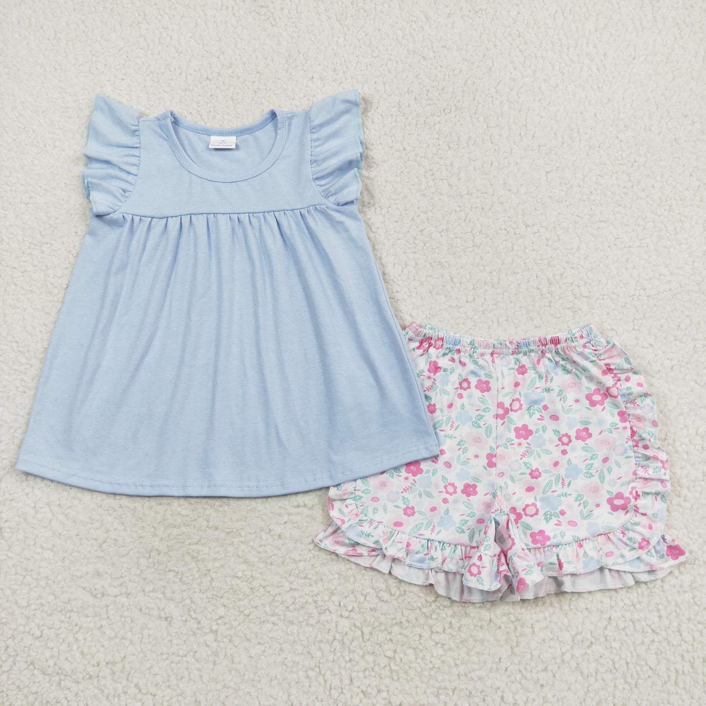 GSSO1056 Solid color flying sleeve powder blue floral floral shorts set High quality girls clothing sets 11 to 12