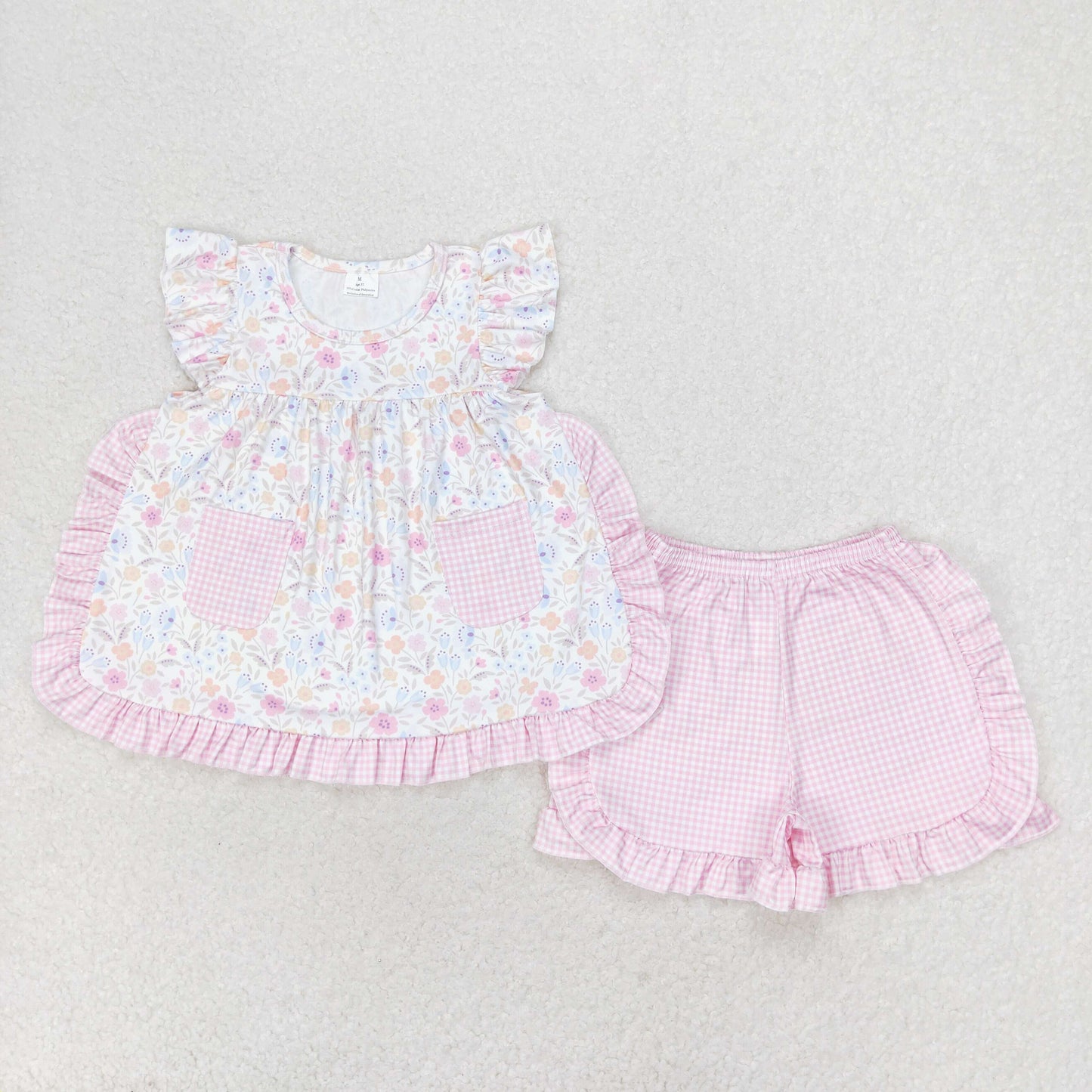 GSSO1057 floral pink plaid pocket flying sleeve shorts set High quality kids clothing sets for girls