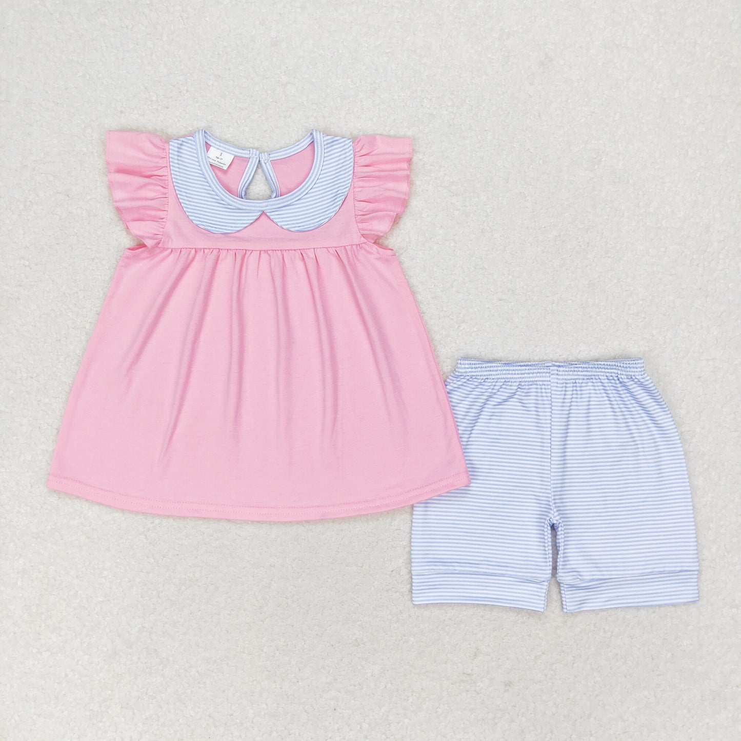 GSSO1064 Blue Stripe Doll Collar Pink Flying Sleeve Shorts Girls Set RTS 202509