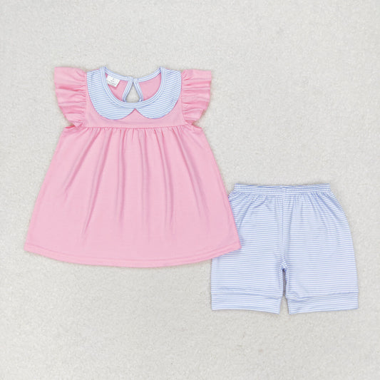 GSSO1064 Blue Stripe Doll Collar Pink Flying Sleeve Shorts Girls Set RTS 202509