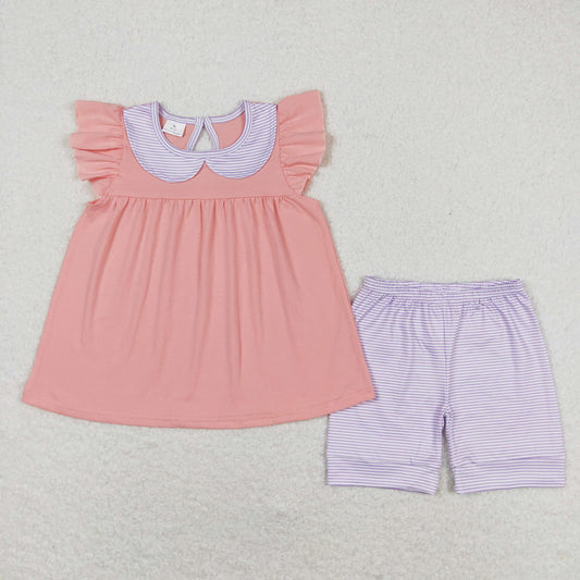 GSSO1066 Purple striped doll collar pink orange flying sleeve shorts set high quality girls clothing sets 2024