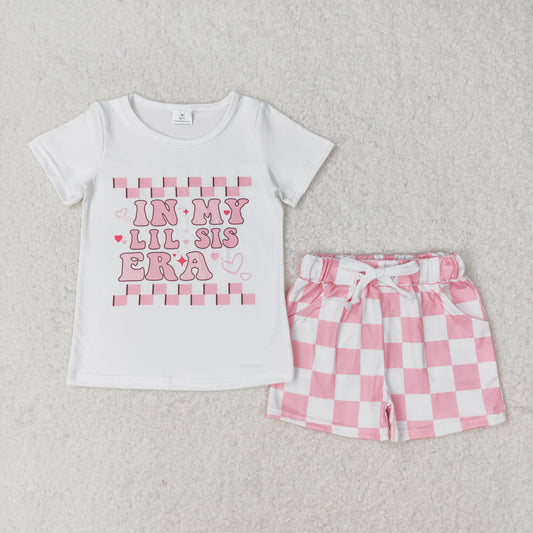GSSO1074 in my lil sis era letter pink and white checked short-sleeved shorts suit kids clothing sets girls