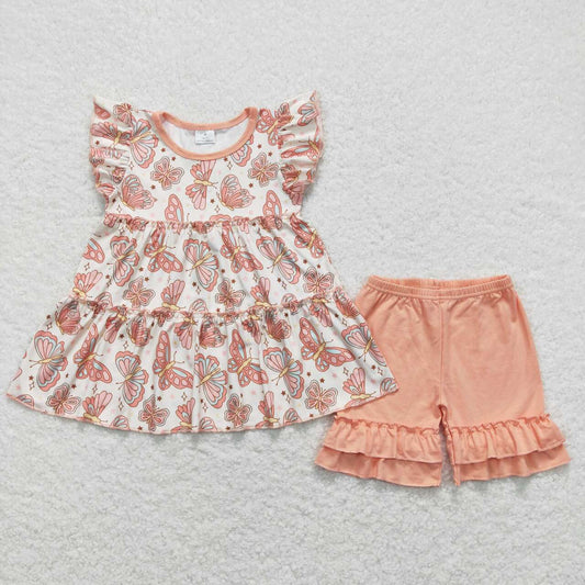 GSSO1076 Butterflies Orange Flying Sleeve Ruffle Shorts Girls Sets RTS 202508