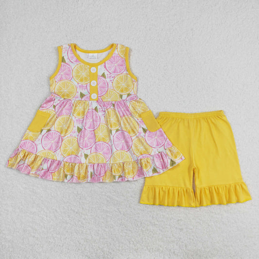 GSSO1079 Orange fruit pattern yellow sleeveless shorts set High quality little girls clothing sets
