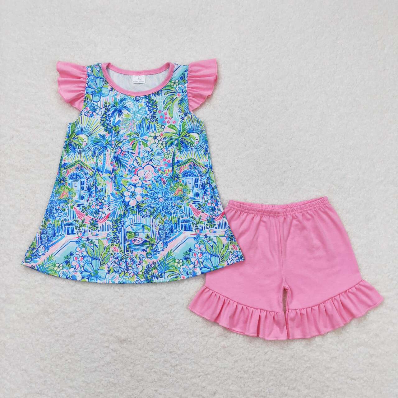GSSO1085 sea grass blue pink flying sleeve ruffle shorts set High quality girls clothing sets wholesale