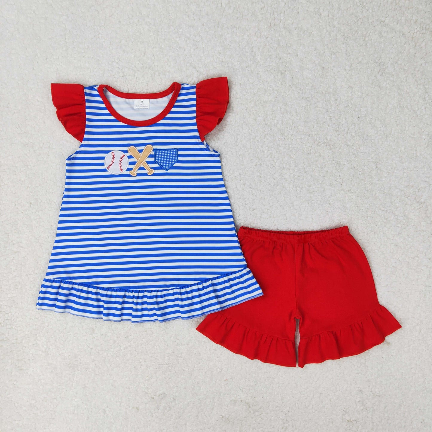GSSO1089 Baseball blue and white striped flying sleeve red shorts suit girls clothing sets 8 to 9 years old