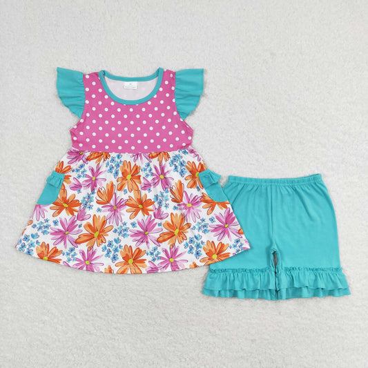 GSSO1100 Rose Red Blue dot flower flying sleeve shirts shorts set 202502 RTS