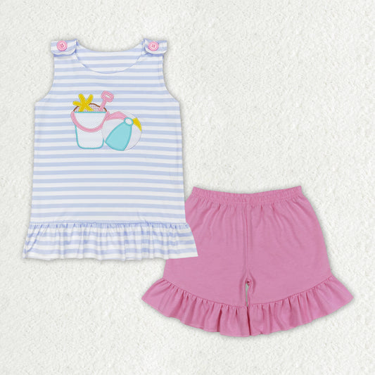 GSSO1102 Beach ball Starfish barrel blue white striped sleeveless pink shorts set high quality wholesale girls 6 to10 clothing