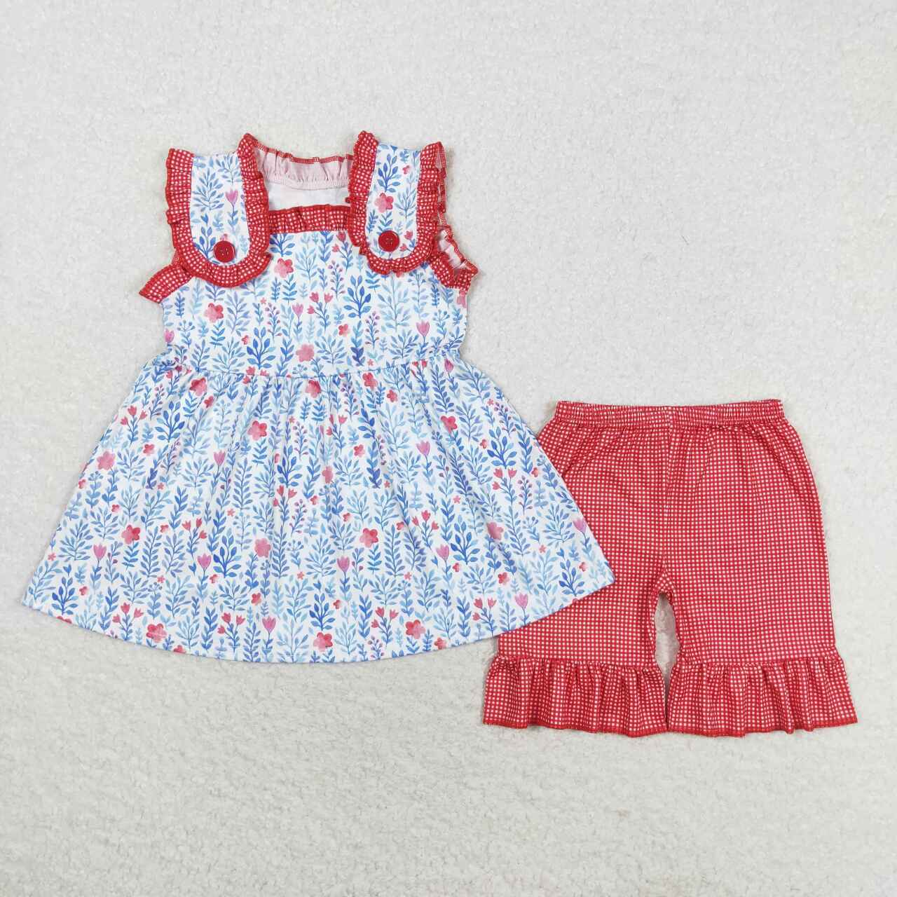 GSSO1112 Flowers blue leaves Sleeveless red plaid lace shorts set girls clothing sets designer