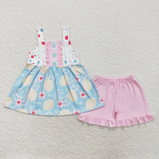 GSSO1133 Lemon Blossom Sleeveless Pink Shorts Girls Set RTS 202509