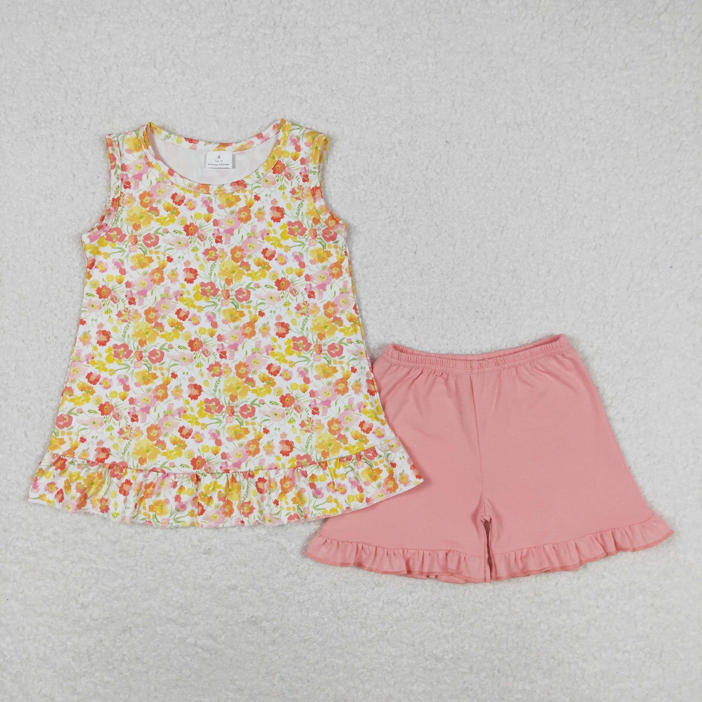 GSSO1135 Yellow orange flowers Sleeveless pink shorts set High quality girls cotton dresses kids clothing set