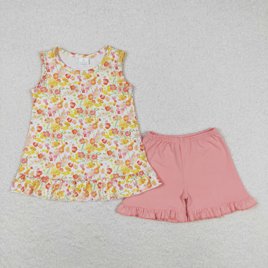 GSSO1135 Yellow orange flowers Sleeveless pink shorts set High quality girls cotton dresses kids clothing set