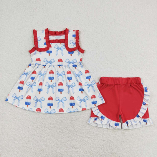 GSSO1152 Ice cream bow red lace sleeveless shorts suit girls clothing sets wholesale