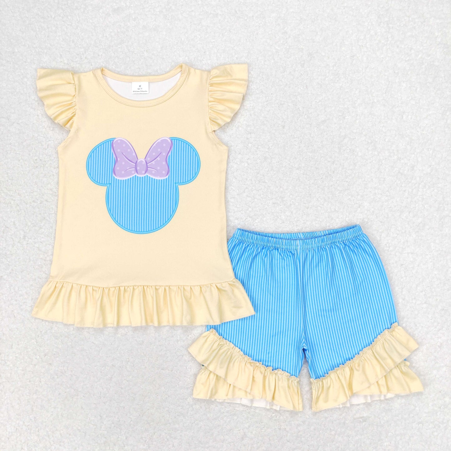 GSSO1159 Bow Minnie Mickey yellow flying sleeve blue striped shorts suit