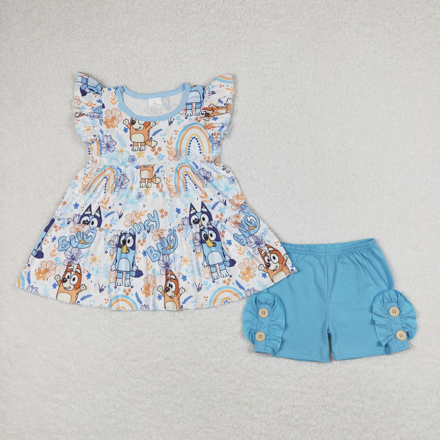 GSSO1170 Cartoon Bluey Flying Sleeve Blue Ruffle Shorts Girls Sets RTS 202508