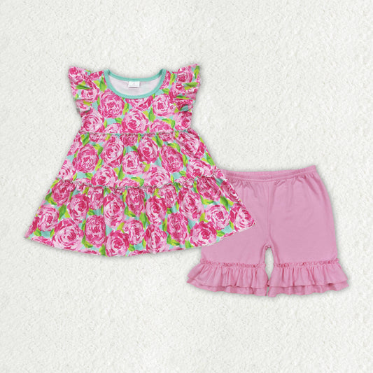 GSSO1171 Floral Flying Sleeve Pink Ruffle Shorts Girls Sets RTS 202508