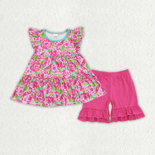 GSSO1172 Floral Flying Sleeve Rose Red Ruffle Shorts Girls Sets RTS 202508
