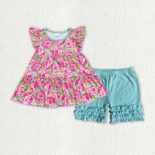 GSSO1173 Floral Flying Sleeve Turquoise Ruffle Shorts Girls Sets RTS 202508