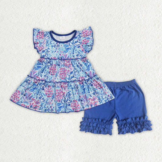 GSSO1174 Floral Flying Sleeve Blue Ruffle Shorts Girls Sets RTS 202508