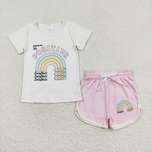 GSSO1175 positive letter rainbow short sleeve pink shorts suit 12 years girls clothing sets