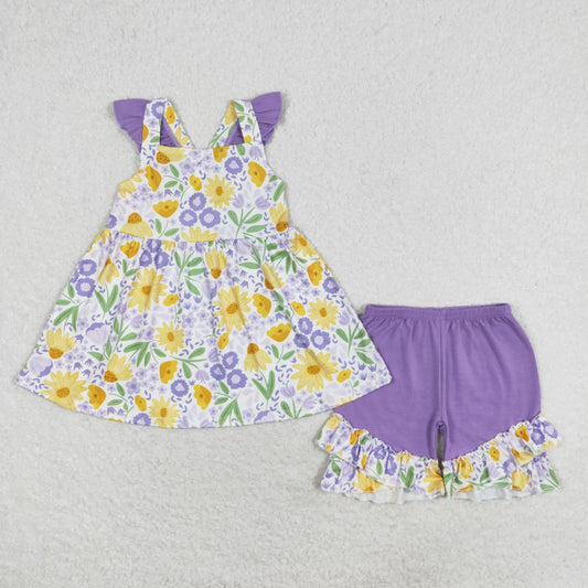 GSSO1177 Pink purple flower flying sleeve shorts set high quality baby girl clothing sets summer