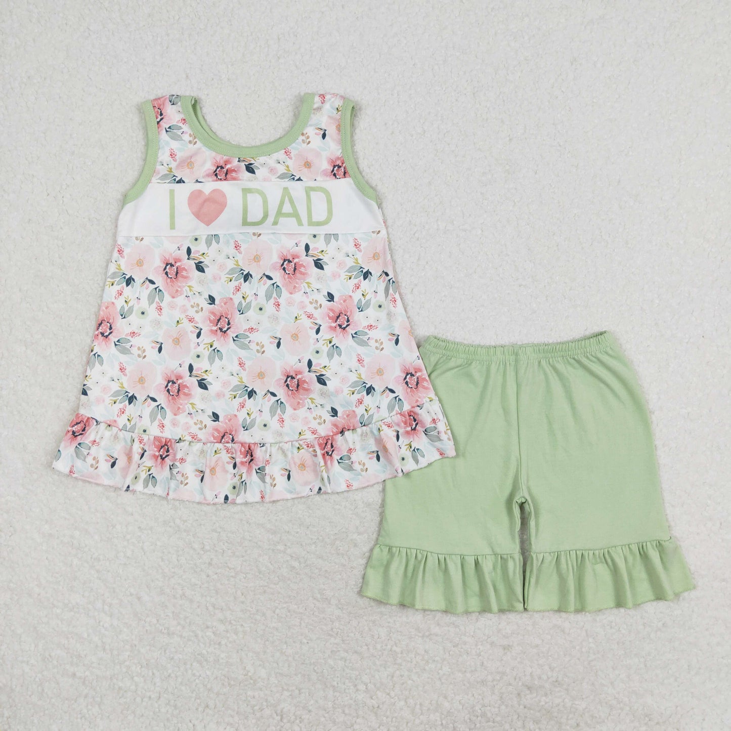 GSSO1178 I love dad flowers Light green bow sleeveless shorts set High quality baby girls clothes sets newborn clothing